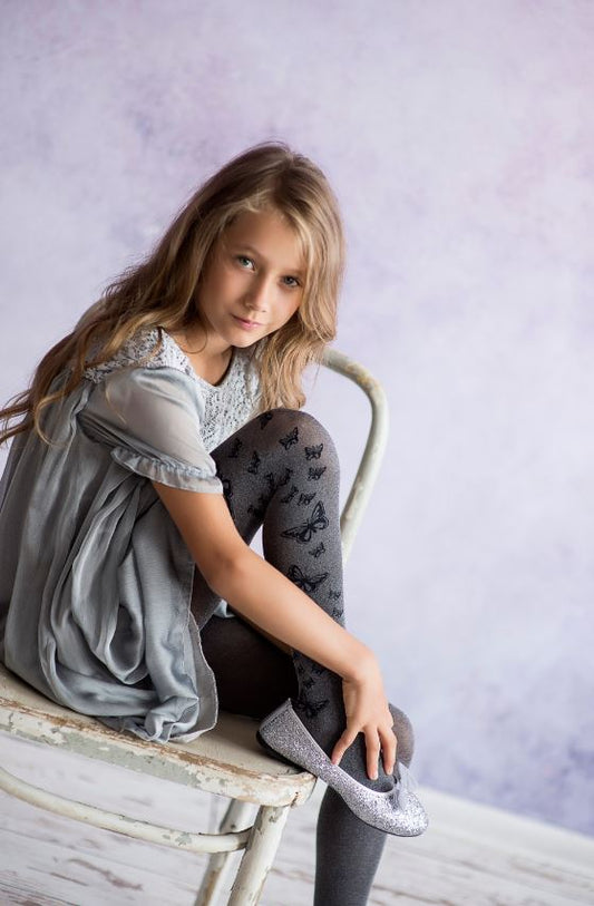 BEAUTY Girls' melange tights with butterfly pattern (6-13 years)