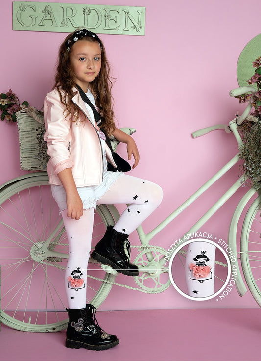QUINN Girls' 40 denier microfibre tights with 3D princess applique (3-8 years), white or cotton candy
